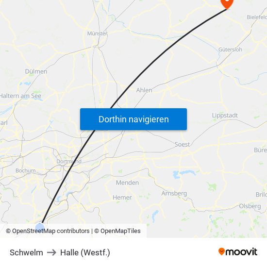 Schwelm to Halle (Westf.) map
