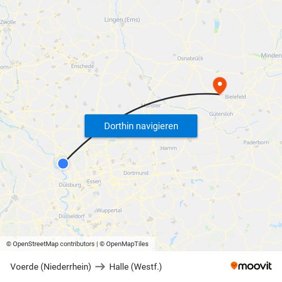 Voerde (Niederrhein) to Halle (Westf.) map