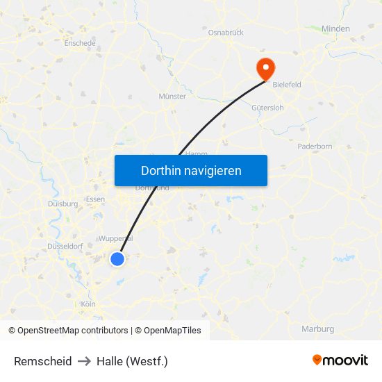 Remscheid to Halle (Westf.) map