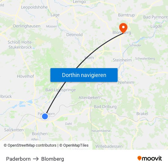 Paderborn to Blomberg map