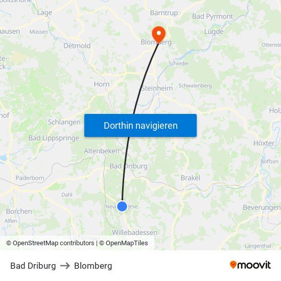 Bad Driburg to Blomberg map