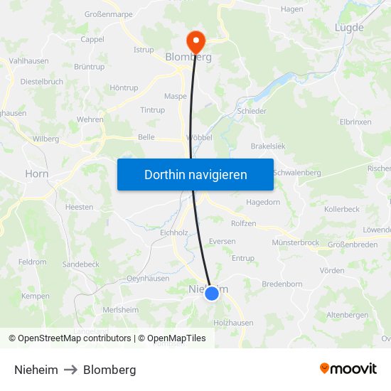 Nieheim to Blomberg map