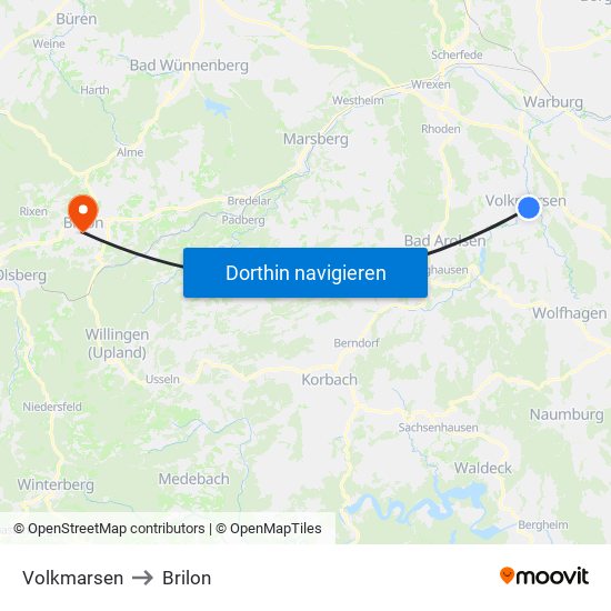 Volkmarsen to Brilon map