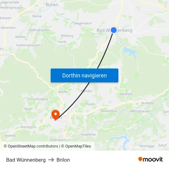 Bad Wünnenberg to Brilon map