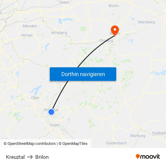 Kreuztal to Brilon map
