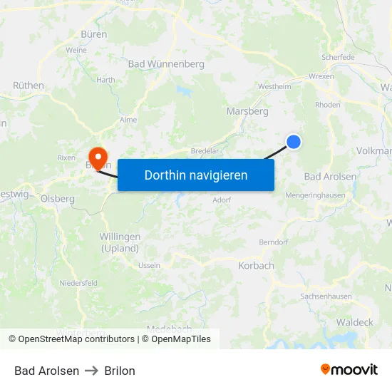 Bad Arolsen to Brilon map