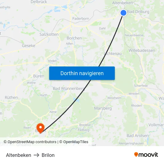 Altenbeken to Brilon map