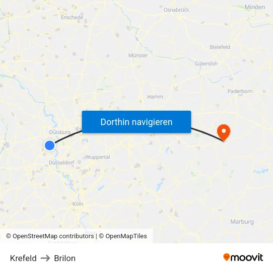 Krefeld to Brilon map
