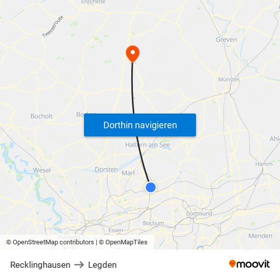 Recklinghausen to Legden map