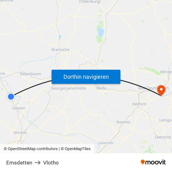 Emsdetten to Vlotho map