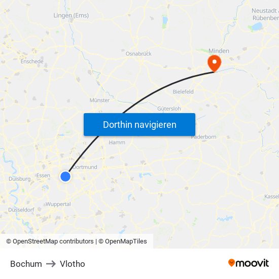 Bochum to Vlotho map