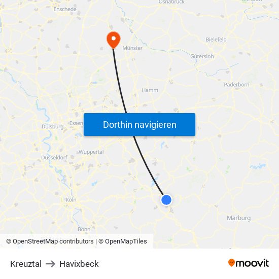 Kreuztal to Havixbeck map