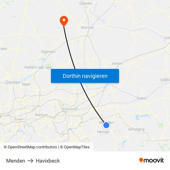 Menden to Havixbeck map