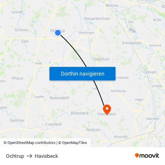 Ochtrup to Havixbeck map