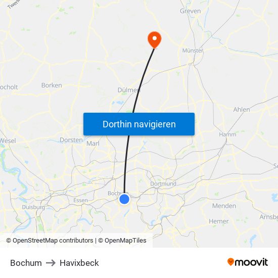 Bochum to Havixbeck map