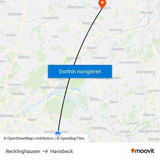 Recklinghausen to Havixbeck map