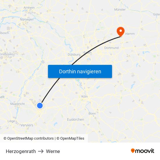 Herzogenrath to Werne map