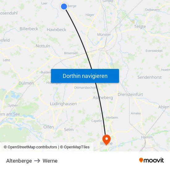 Altenberge to Werne map