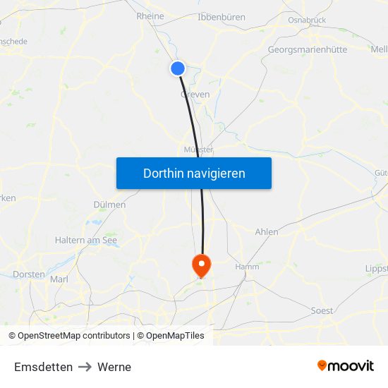 Emsdetten to Werne map