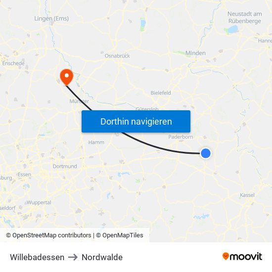 Willebadessen to Nordwalde map