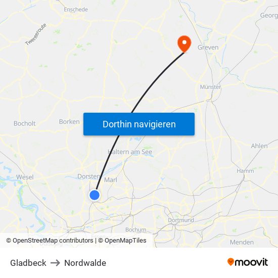 Gladbeck to Nordwalde map