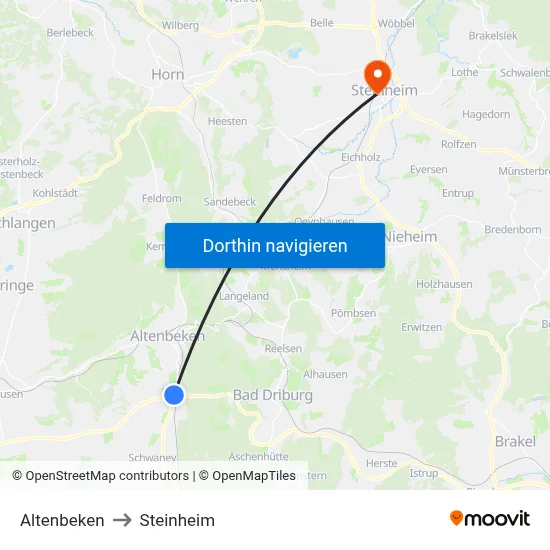 Altenbeken to Steinheim map