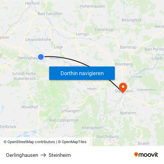 Oerlinghausen to Steinheim map