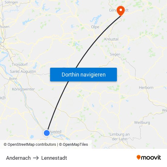 Andernach to Lennestadt map