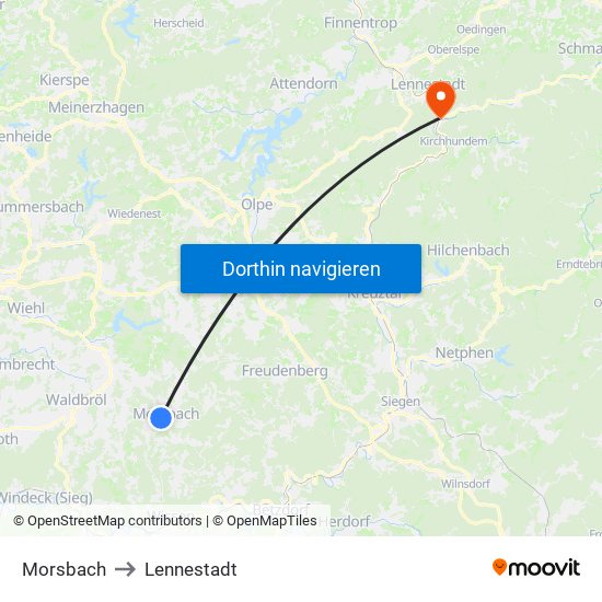 Morsbach to Lennestadt map