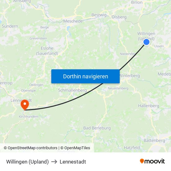 Willingen (Upland) to Lennestadt map