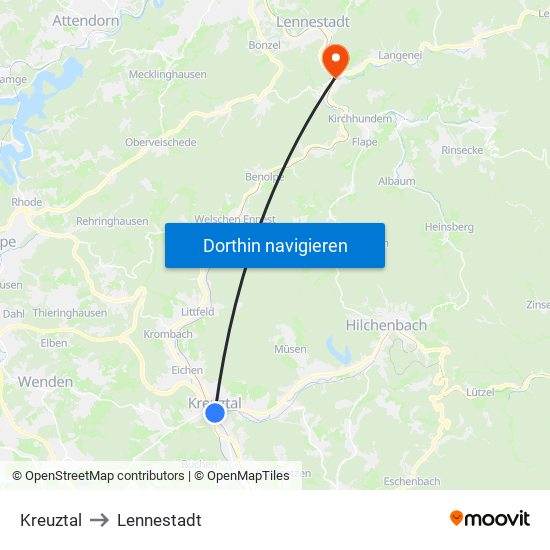 Kreuztal to Lennestadt map