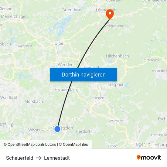 Scheuerfeld to Lennestadt map