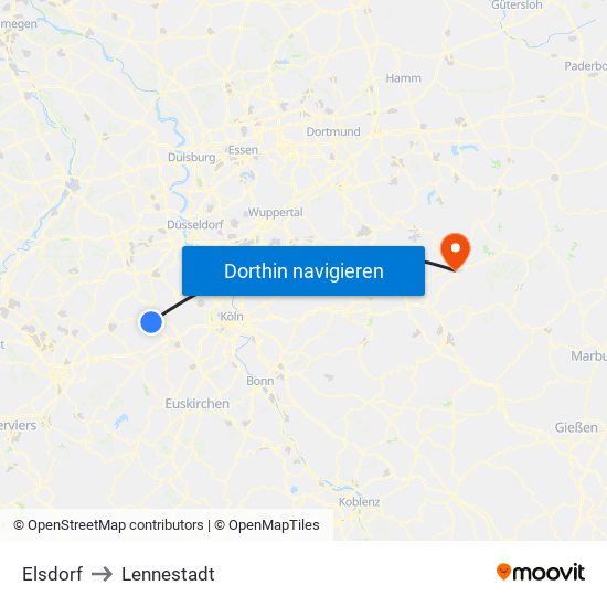 Elsdorf to Lennestadt map