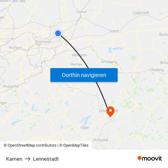 Kamen to Lennestadt map