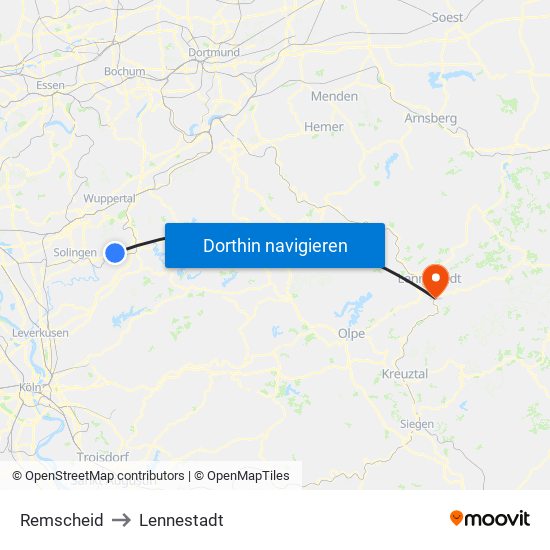 Remscheid to Lennestadt map
