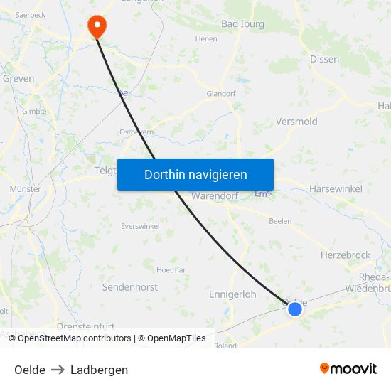 Oelde to Ladbergen map