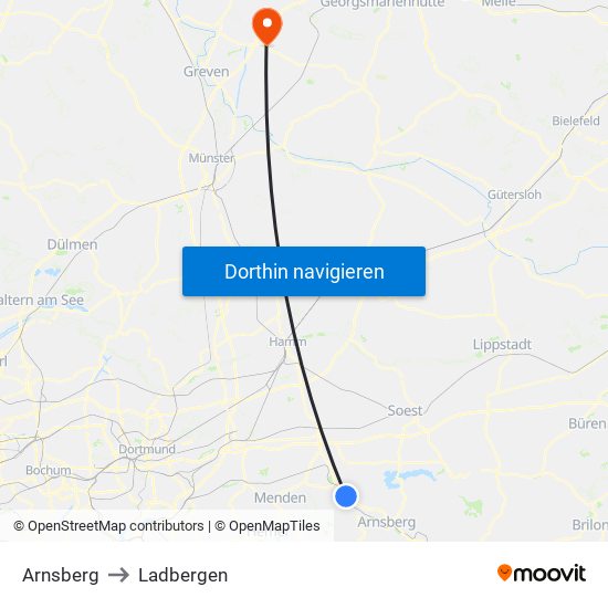 Arnsberg to Ladbergen map