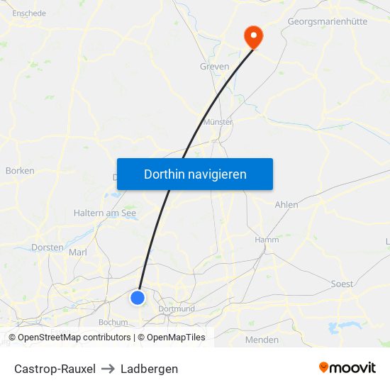 Castrop-Rauxel to Ladbergen map