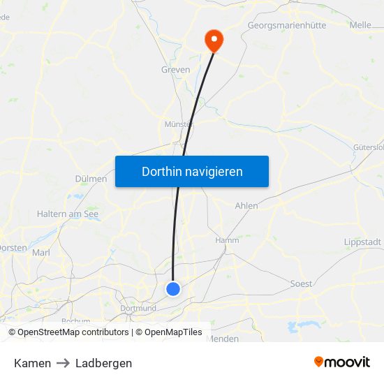 Kamen to Ladbergen map