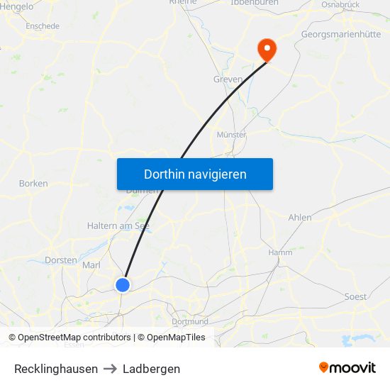Recklinghausen to Ladbergen map
