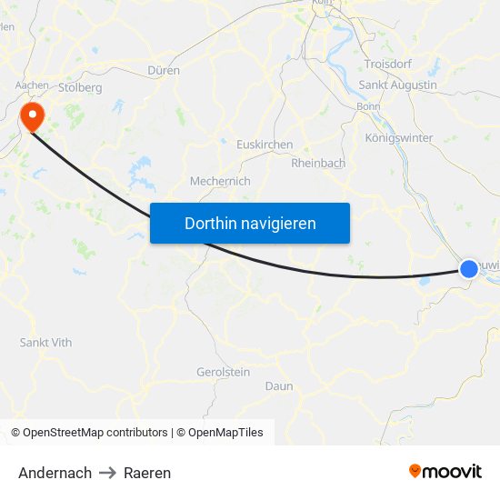 Andernach to Raeren map