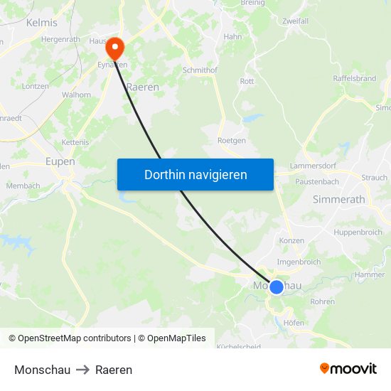 Monschau to Raeren map