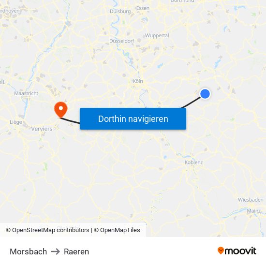 Morsbach to Raeren map