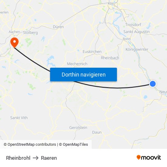 Rheinbrohl to Raeren map