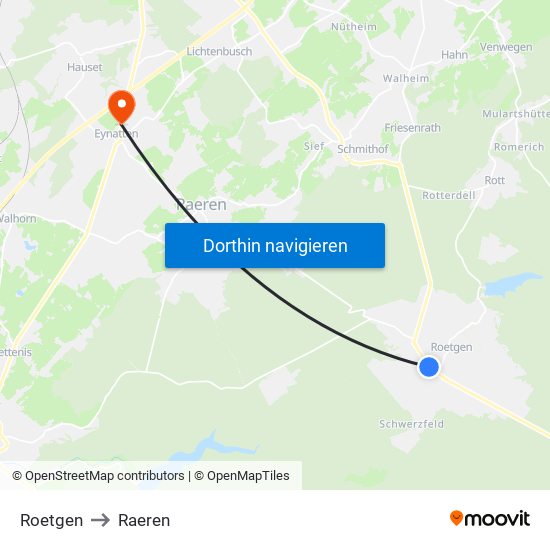 Roetgen to Raeren map