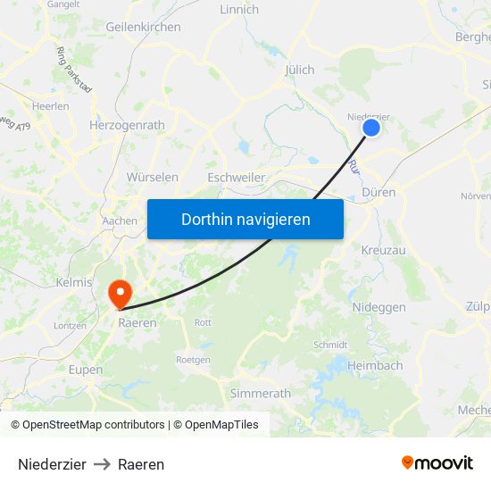 Niederzier to Raeren map