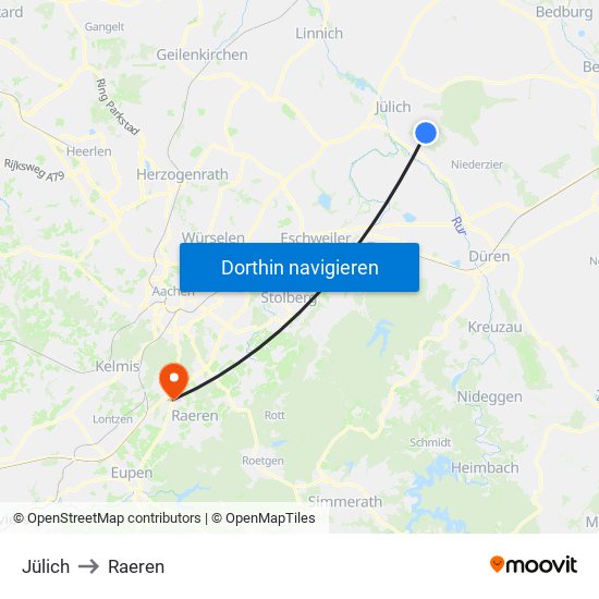 Jülich to Raeren map
