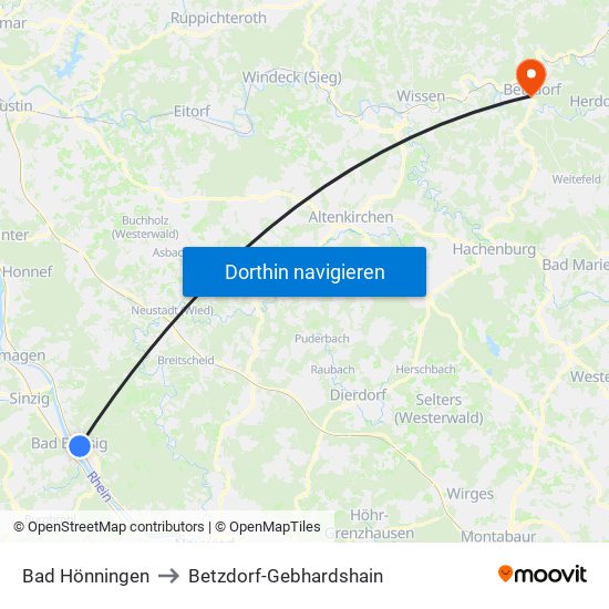 Bad Hönningen to Betzdorf-Gebhardshain map