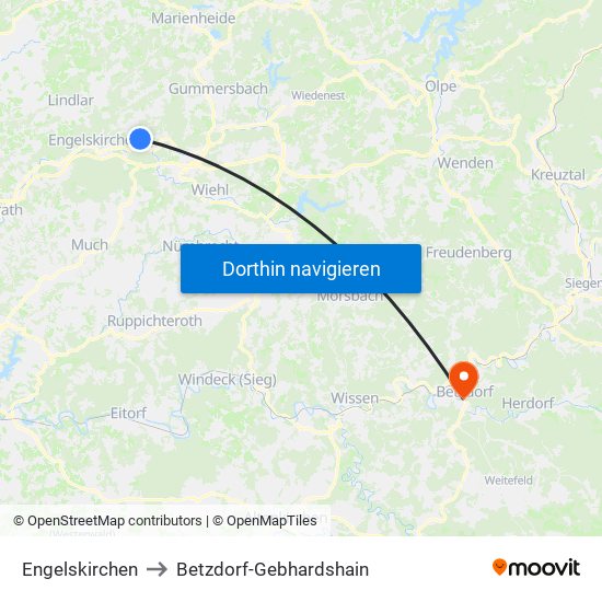 Engelskirchen to Betzdorf-Gebhardshain map