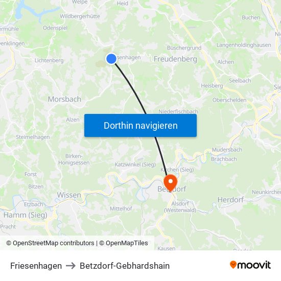 Friesenhagen to Betzdorf-Gebhardshain map